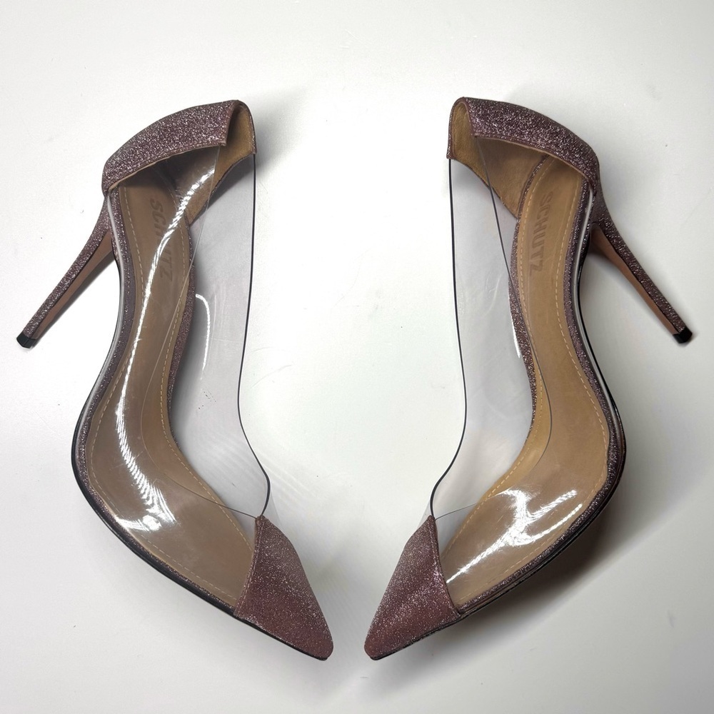 Schutz Women’s Cendi Transparent Pump In Pink Rose Glitter Size- 9B - Picture 9 of 12